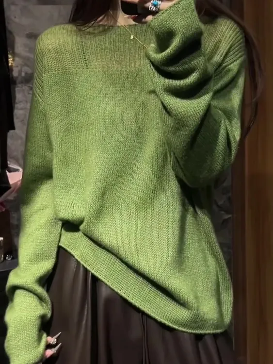 法式纯色长袖镂空一字肩绿色上衣女2025早秋高级感设计感针织衫