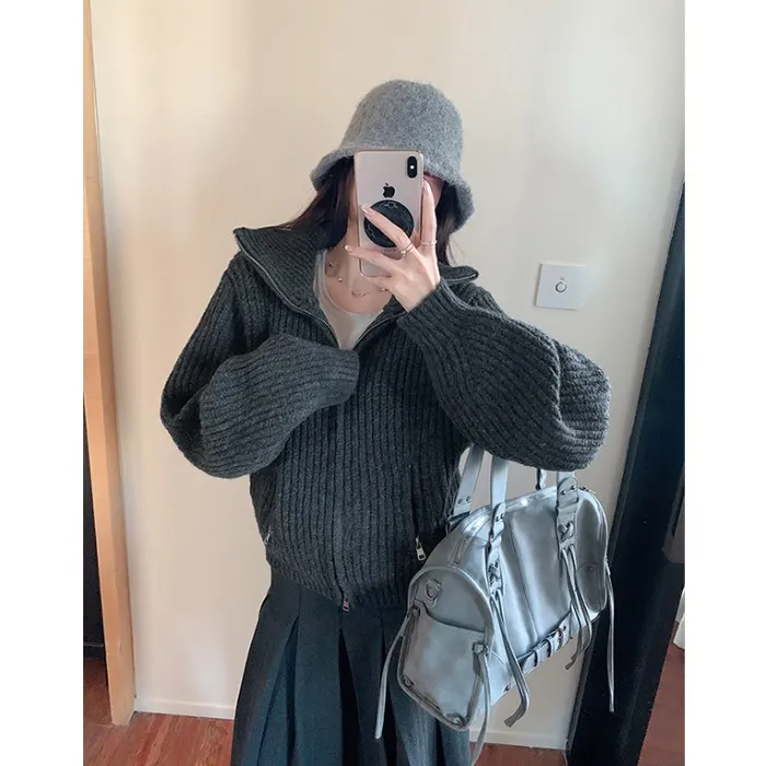 慵懒风复古灰色高领长袖毛衣外套女冬季宽松保暖针织开衫休闲上衣