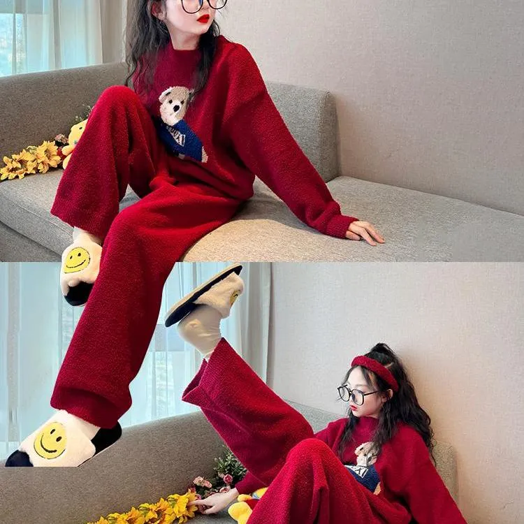 儿童睡衣女孩秋冬2025新款中大童红色半边绒家居服女童本命年衣服