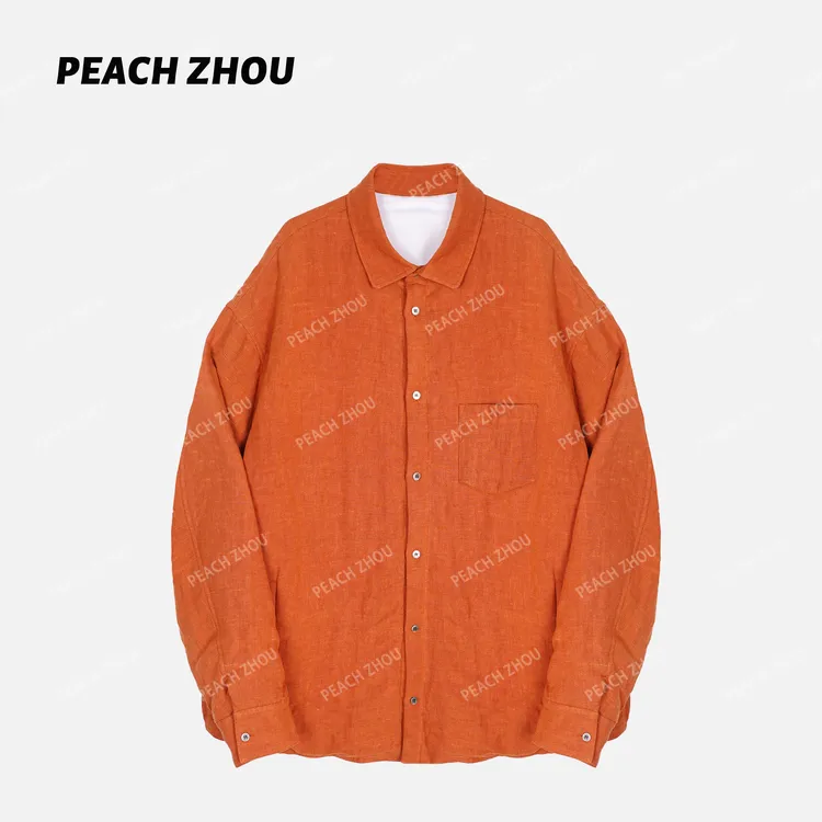 『PEACHZHOU』100亚麻贴袋宽松翻领廓形外套休闲中性保暖衬衫棉服
