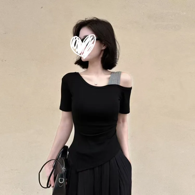 小众气质不规则上衣夏季薄款亲肤柔软露肩修身显瘦短袖T恤女