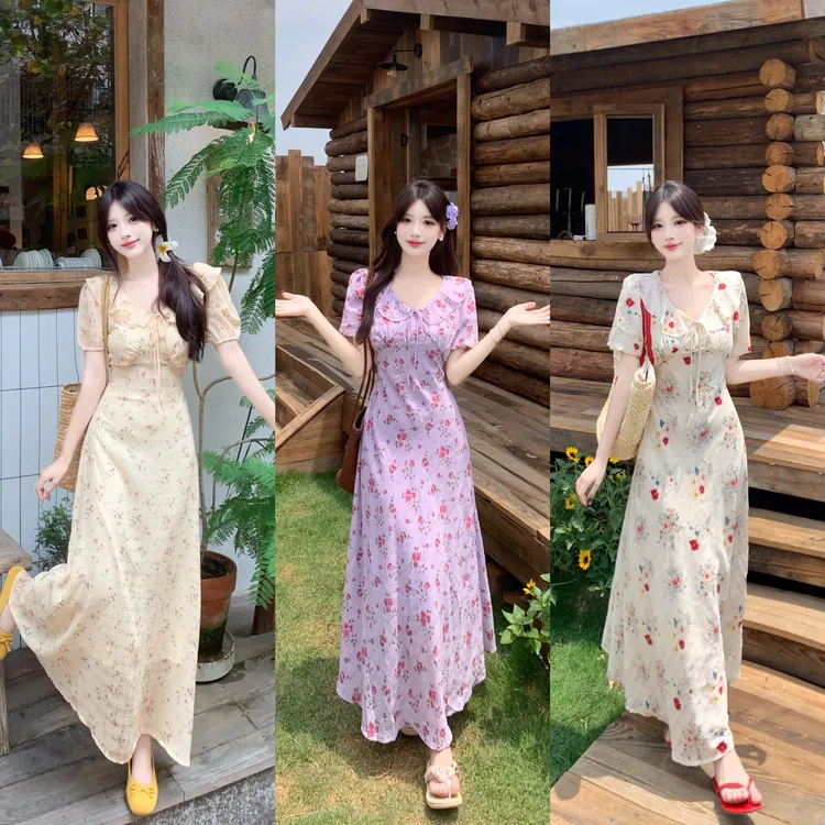 大码夏季新款温柔荷叶边V领泡泡袖碎花连衣裙系带收腰初恋长裙