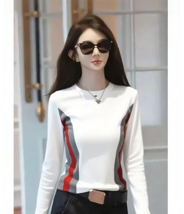 早秋新款高弹力精梳棉长袖T恤女修身显瘦撞色拼接休闲上衣