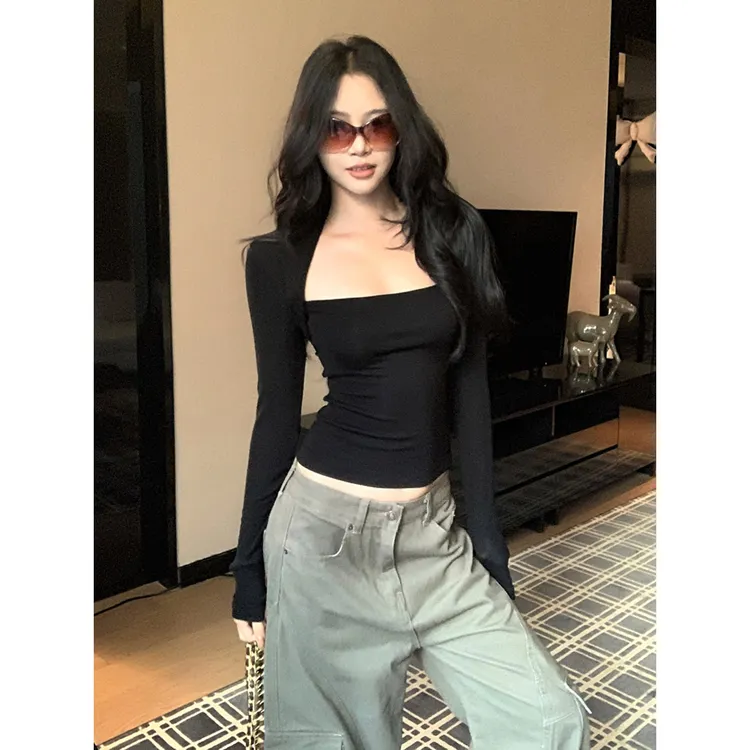 辣妹黑色显身材上衣弹力修身显瘦长袖T恤女装秋季内搭外穿打底衫