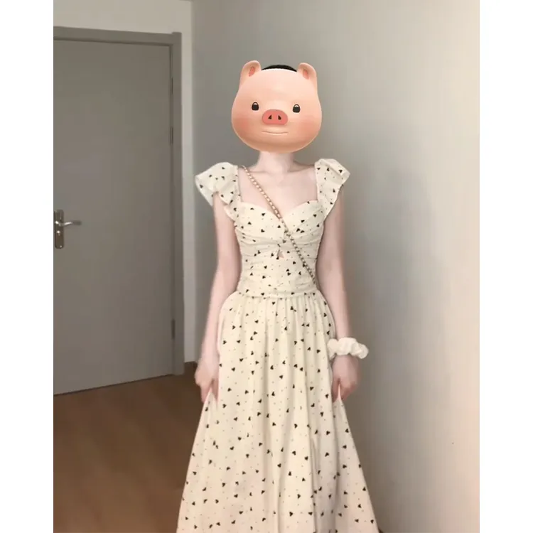 T3052#设计感连衣裙夏季法式气质飞飞袖收腰显瘦中长款碎花裙子