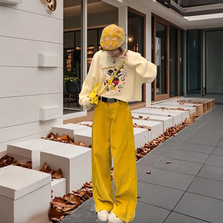 早秋氛围感穿搭一整套高级感米奇印花针织衫上衣显瘦阔腿裤套装女