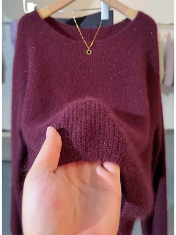 设计感亮片紫色圆领针织衫女2025年秋冬新款甜美减龄套头打底毛衣