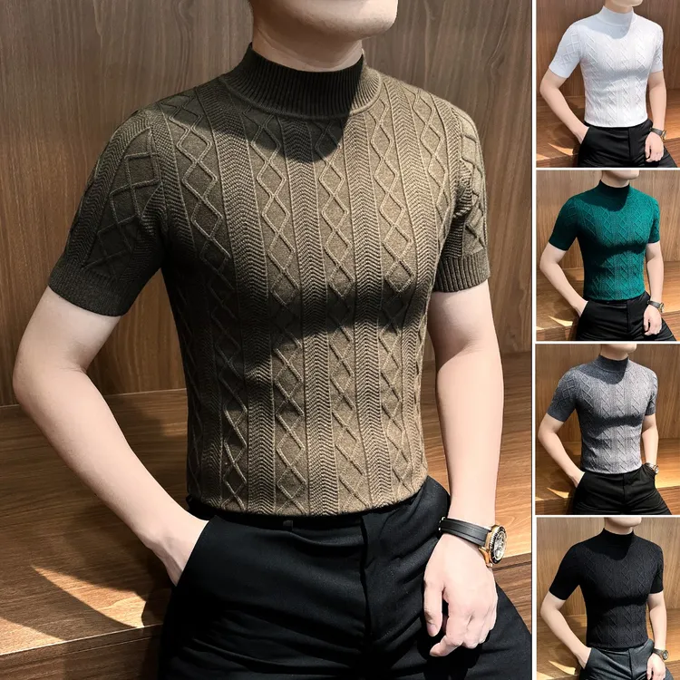 针织短袖男士打底衫男款爆款2025新款设计师男装高级感半高领t恤