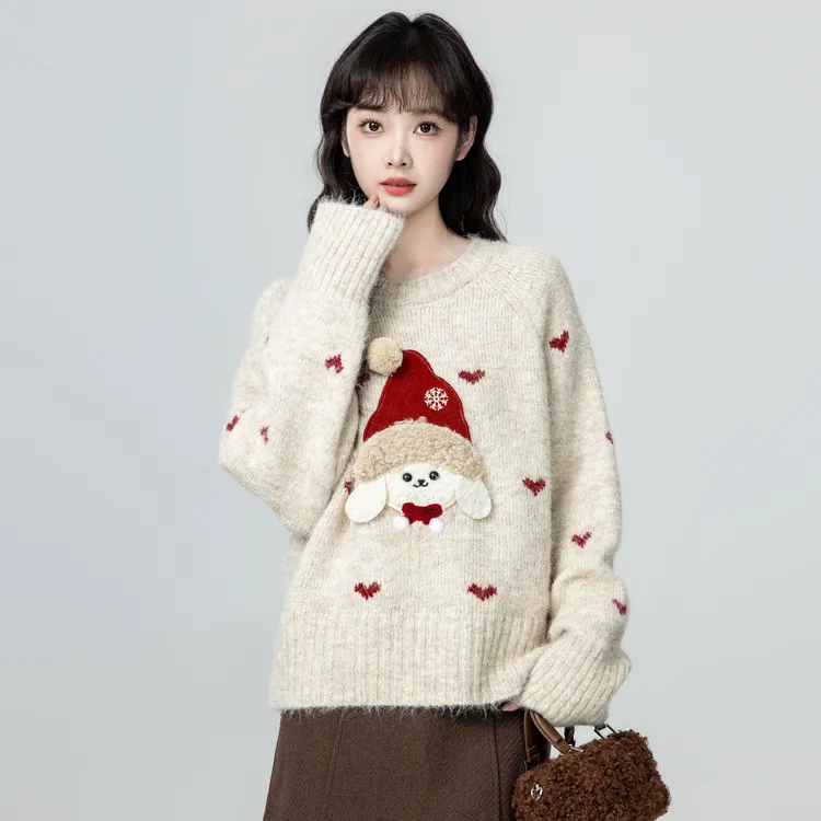 燕麦色圣诞节圆领毛衣女秋冬2025冬季新款卡通小狗加厚针织衫上衣