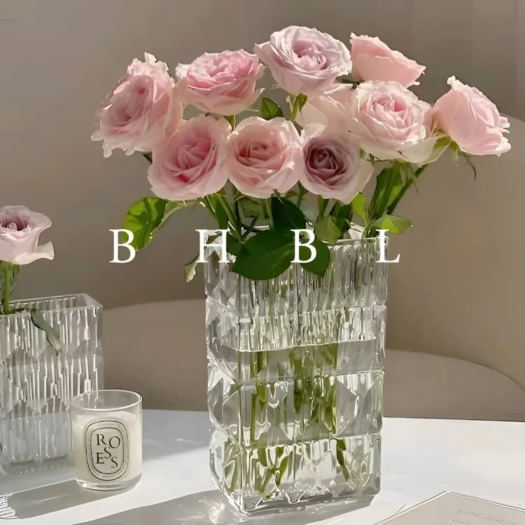 高级感卢索扁方矩形水晶玻璃花瓶餐桌摆件装饰水培鲜花玫瑰高颜值