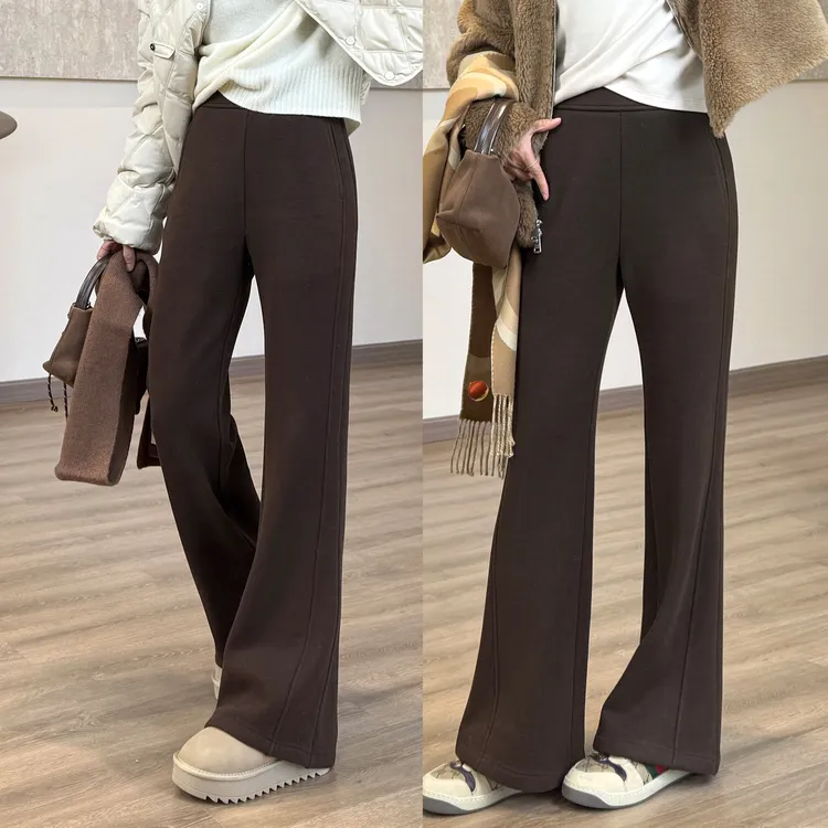 靓小靓【原创】咖色微喇报恩裤 冬季加绒显瘦气质长裤超模懒人裤