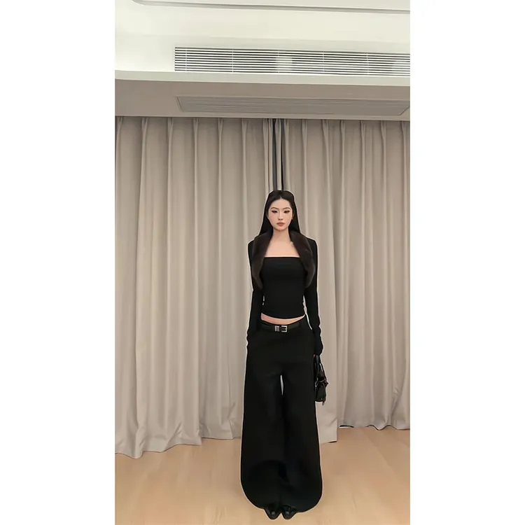 纯欲辣妹风长袖内搭打底衫T恤修身显瘦短款黑色上衣百搭显瘦裤子