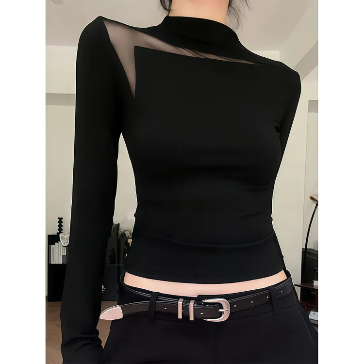 纯欲辣妹风网纱拼接长袖T恤女秋季新款修身显瘦内搭打底衫上衣潮