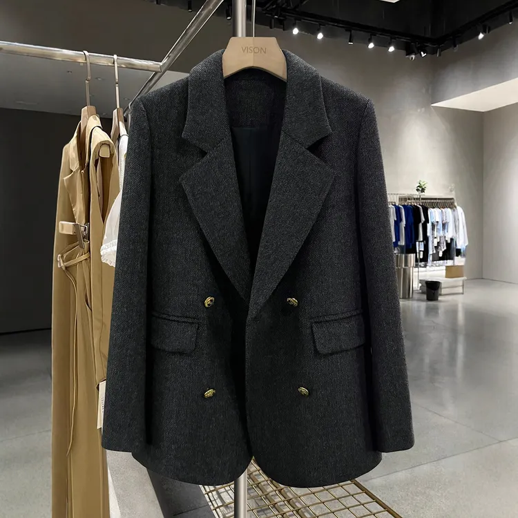 秋冬大码女装西装毛呢外套胖mm显瘦斜纹西服小个子短款呢子大衣女