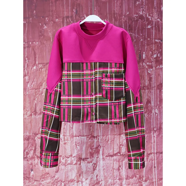 【韩哥女装】设计师高定鸡冠红拼接格纹圆领卫衣6728A