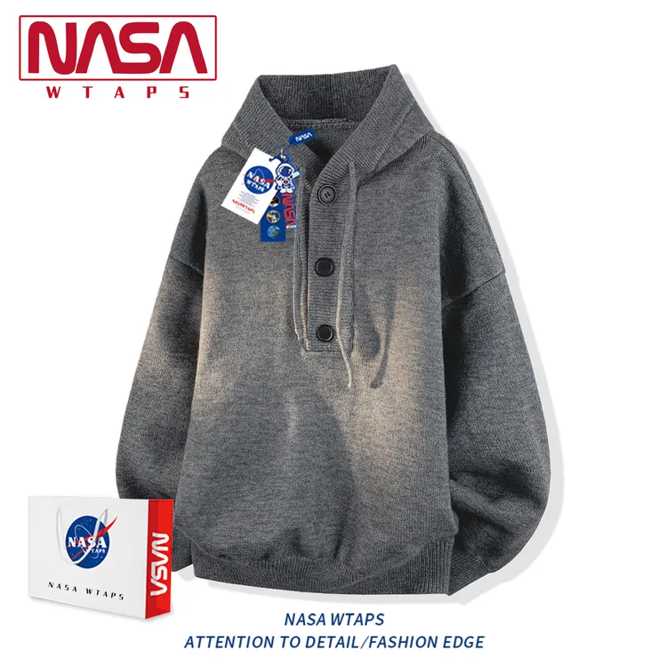 NASA WTAPS韩系慵懒风灰色连帽毛衣男秋冬重磅针织衫情侣打底上衣
