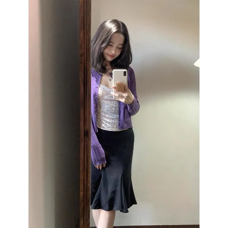法式紫色针织开衫圆领长袖女早秋新款巨好看洋气独特花边外套上衣