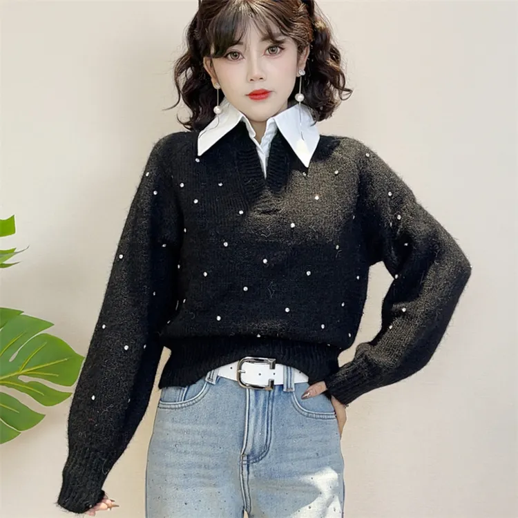迪否圆领假两件保暖毛衣冬季新款仿珍珠点缀宽松显瘦上衣2368