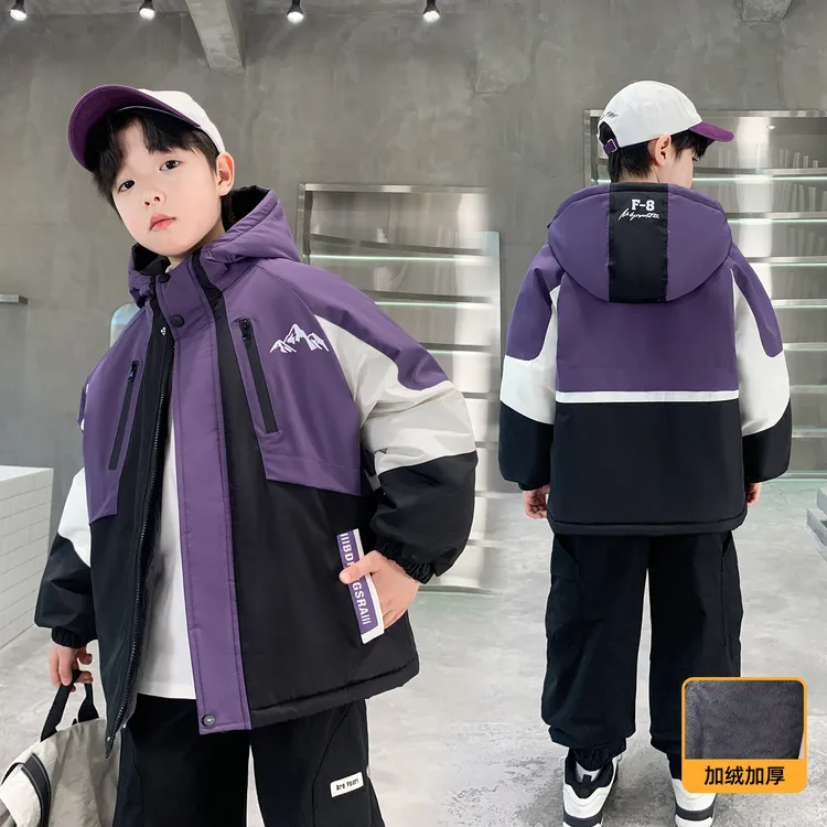 男童加绒外套秋冬款2025新款儿童装男孩加厚连帽棉衣中大童派克服