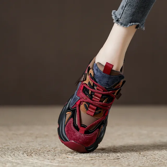 拼色真皮复古厚底显瘦老爹鞋女款2025款年春秋季新款休闲运动鞋女