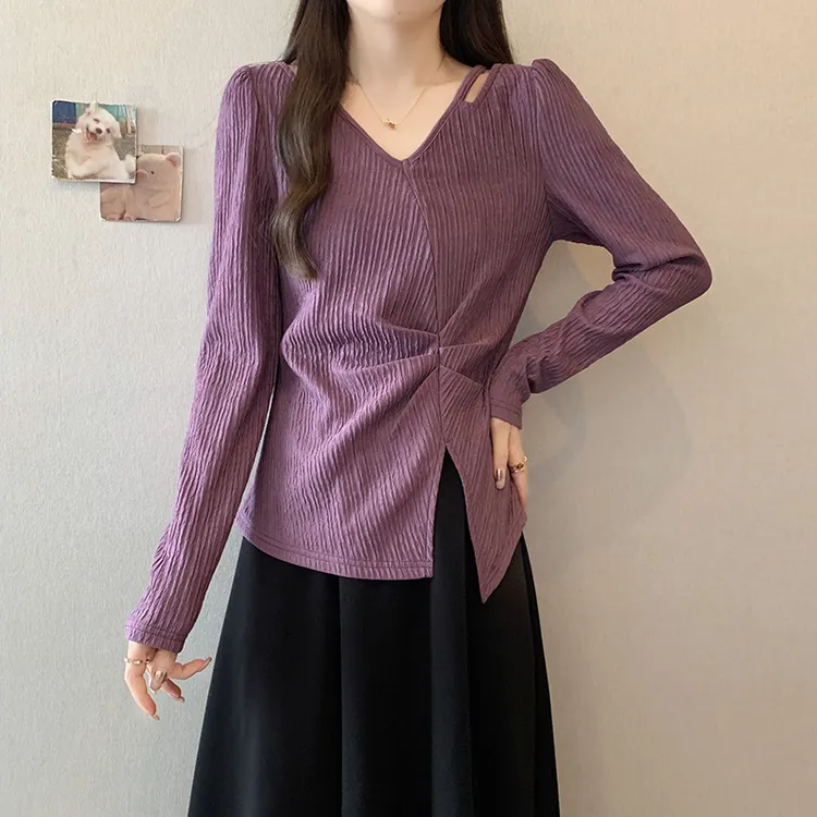 不规则时尚百搭上衣女新款遮肉显瘦镂空小V领长袖T恤秋冬打底衫