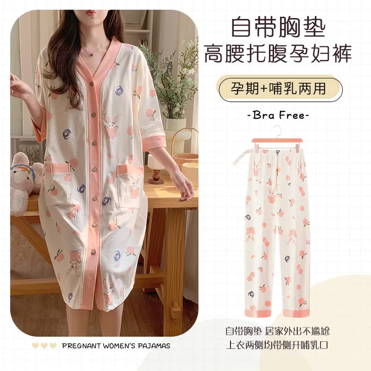 短袖带胸垫春夏季薄款产后喂奶哺乳睡裙孕妇连衣中长托腹月子服