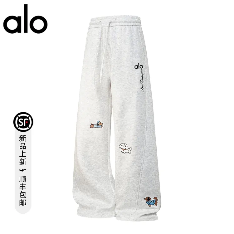 alo潮牌 美式潮流弯刀阔腿运动卫裤情侣款小狗刺绣百搭直筒休闲裤