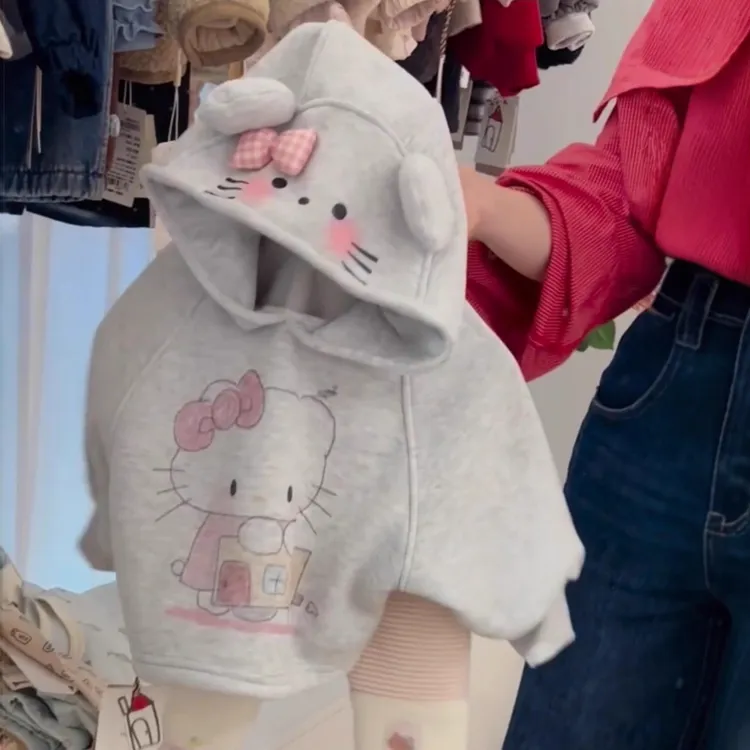 幼儿园宝宝秋冬连帽加绒卫衣女童甜美kt猫印花套头保暖长袖上衣
