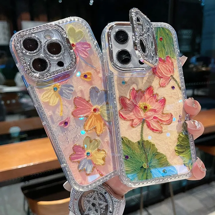适用苹果系列iPhone16新款手机壳优雅粉底荷花全包镜头膜钻框支架