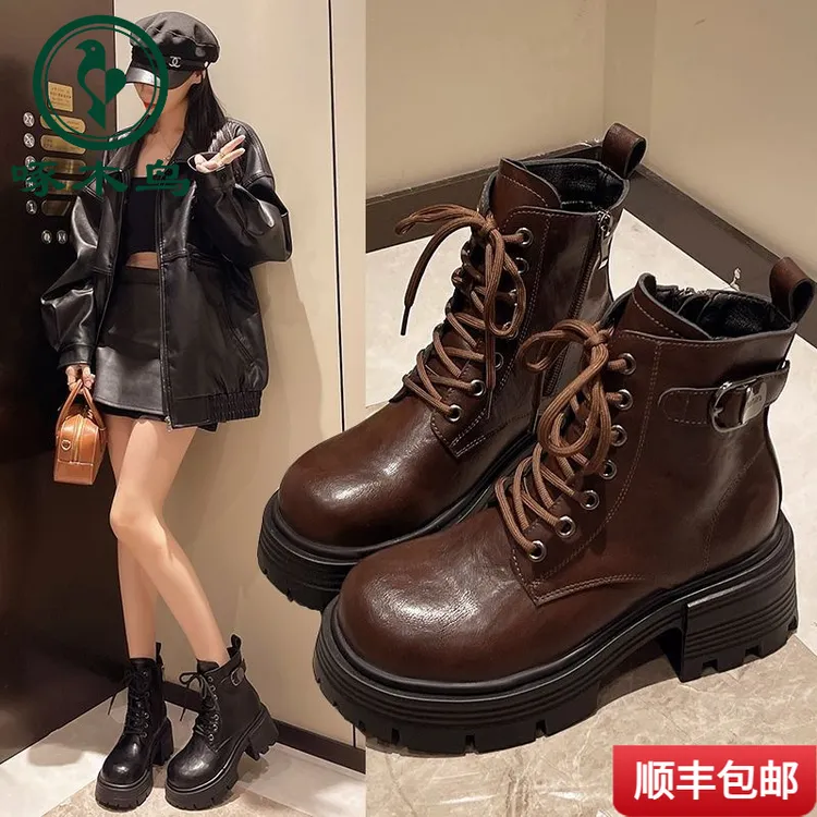 啄木鸟百搭英伦风马丁靴女小个子6cm短款靴子2025新款秋冬加绒厚