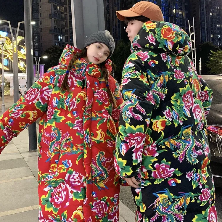 国风东北大花棉袄中长款男冬季23年加厚牡丹花面包服oversize棉服