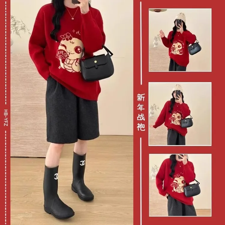 加绒宽松型慵懒风针织纯色毛针织衫打底常规上衣圆领