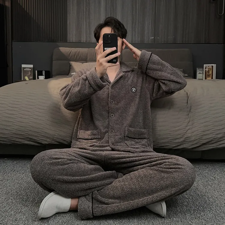保暖男士秋冬睡衣半边绒加厚加绒休闲大码珊瑚绒家居服男冬季套装