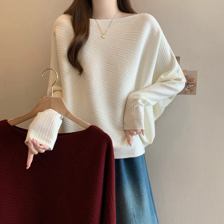 大码秋冬高级感一字肩蝙蝠袖针织衫女胖MM遮肚子打底衫毛衣百搭