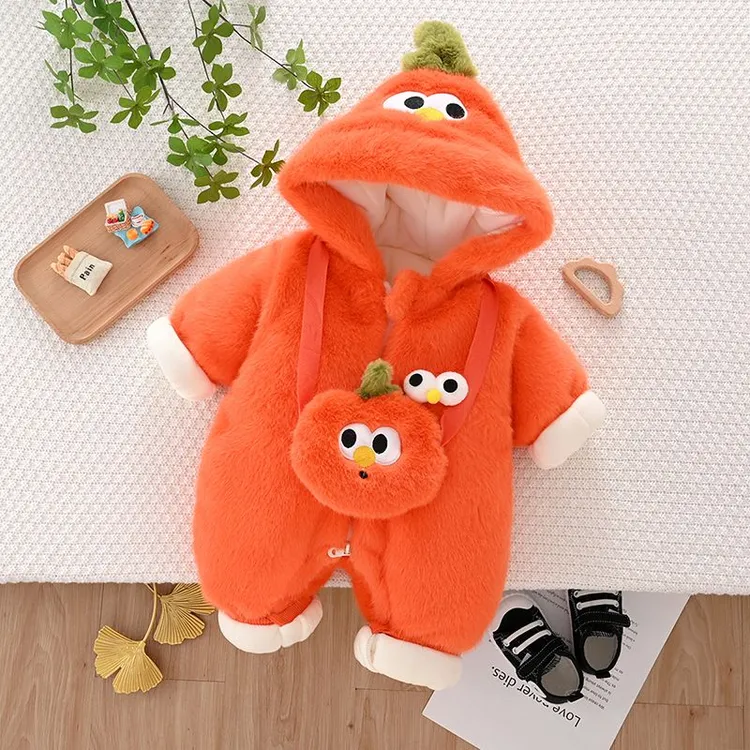 婴儿长袖夹棉毛毛连帽衣服冬季保暖连体衣男女宝宝加厚棉衣外穿服