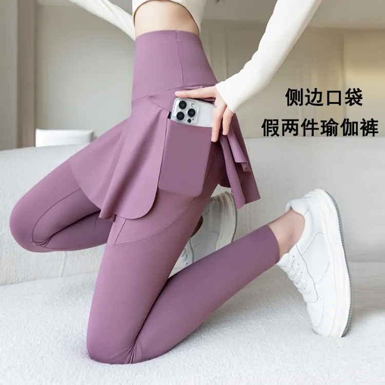 假两件瑜伽裤女春夏款侧口袋高腰鲨鱼库骑行裤大码紧身九分打底裤