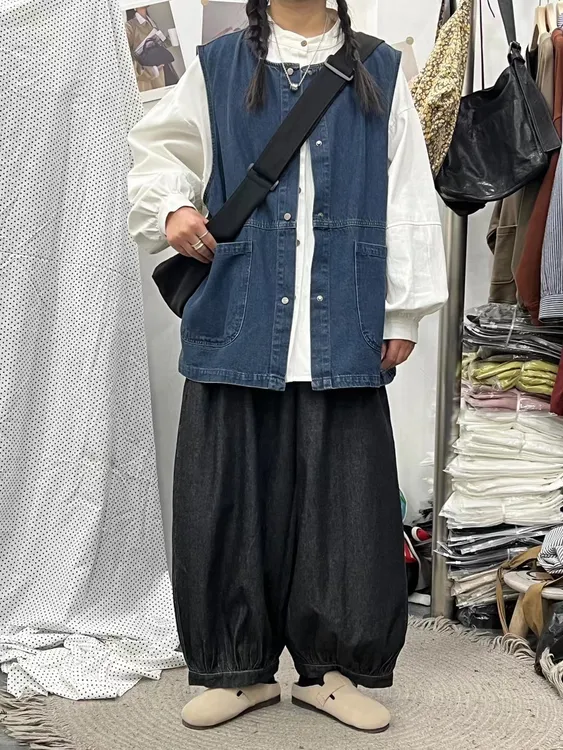 韩复古色薄牛仔马甲