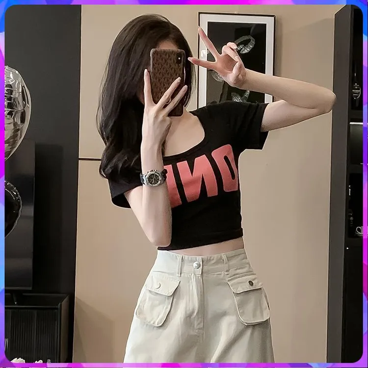 夏季新款女式紧身短款低领短袖T恤高腰修身显瘦辣妹露脐上衣