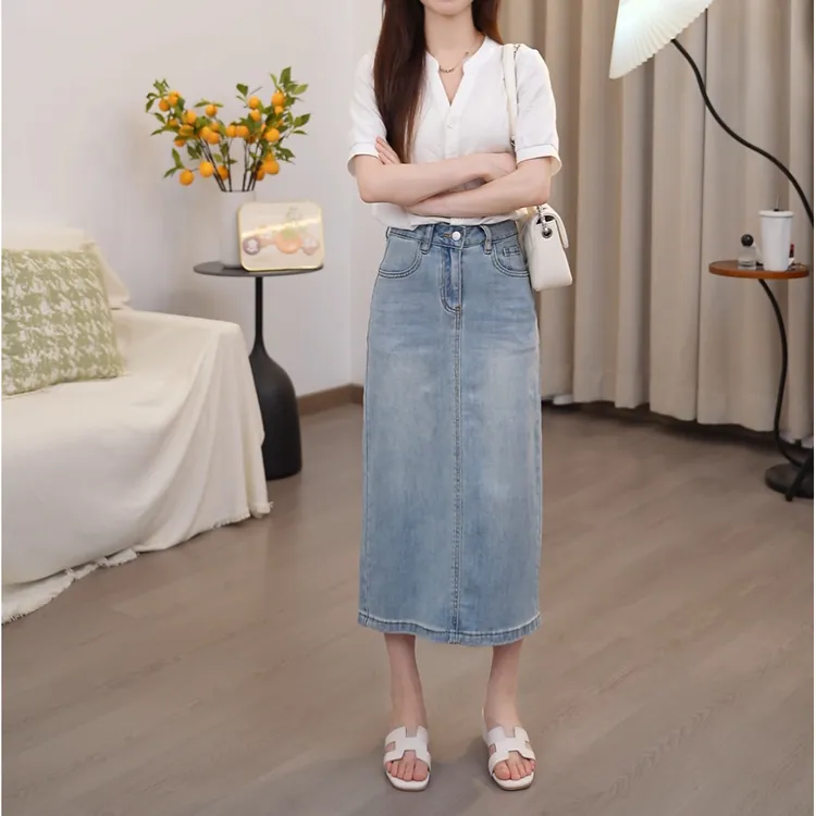 小个子薄款牛仔气质百搭高腰夏季开叉中长款牛仔半身裙