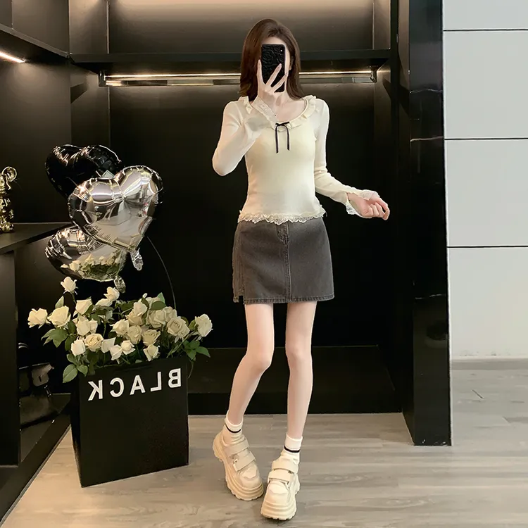 春秋新款时尚套装宽松显瘦针织衫搭高腰牛仔短裙包臀半身裙两件套