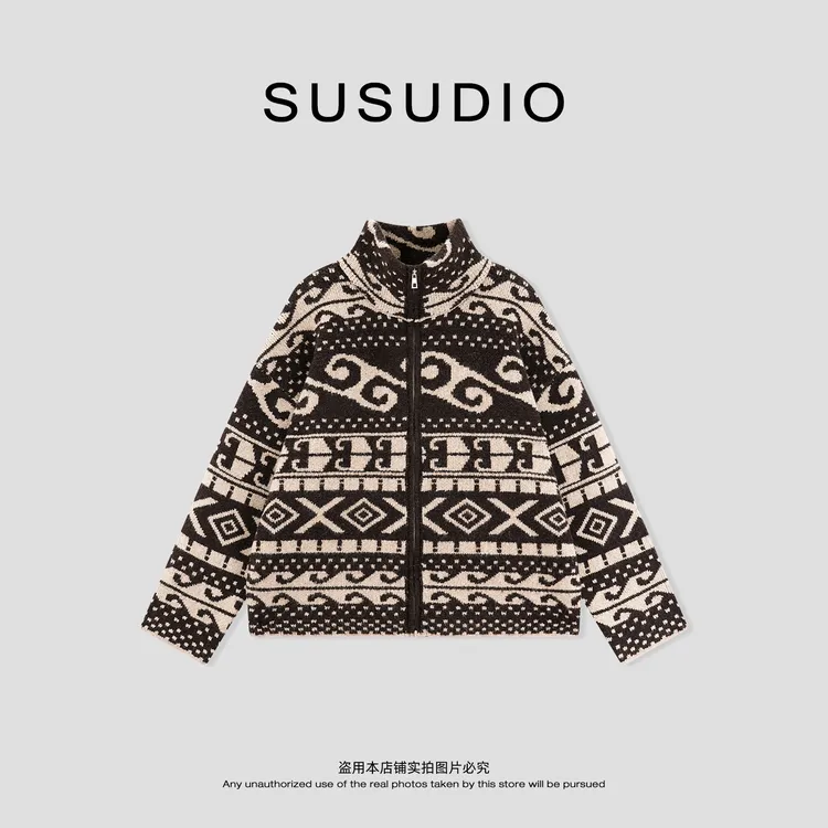 SUSUDIO 羊毛 复古小众混织费尔岛立领拉链保暖毛衣外套 70364