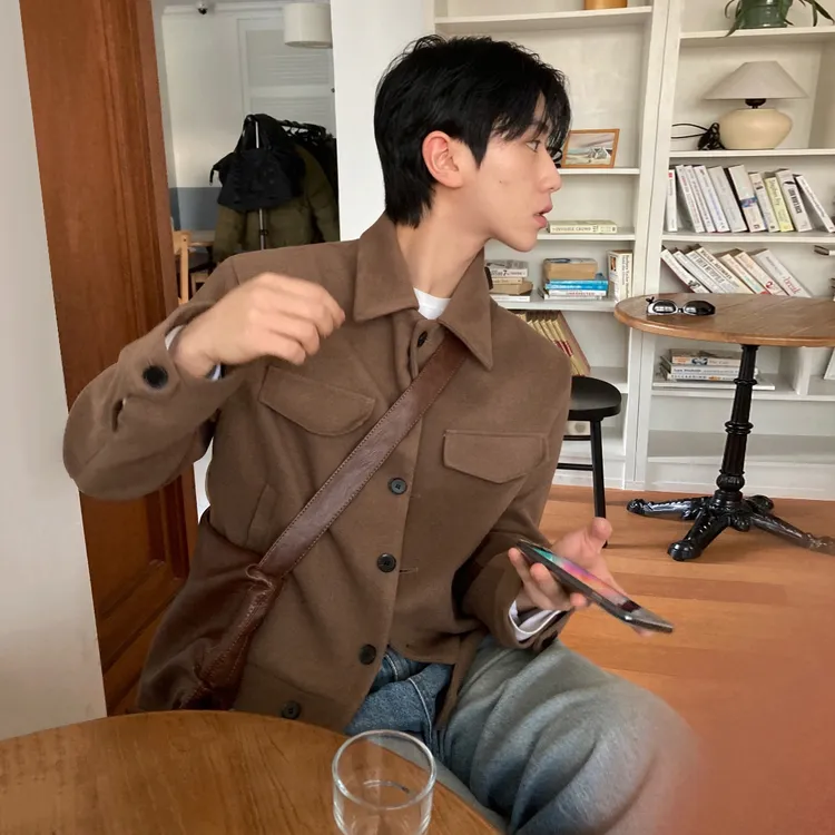 MRCYC复古风短款毛呢夹克男士冬季宽松加厚翻领呢子外套韩系穿搭