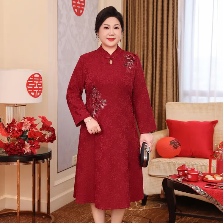 中国风高贵气质中长款连衣裙钉珠中老年妈妈装婚宴连衣裙WH25591