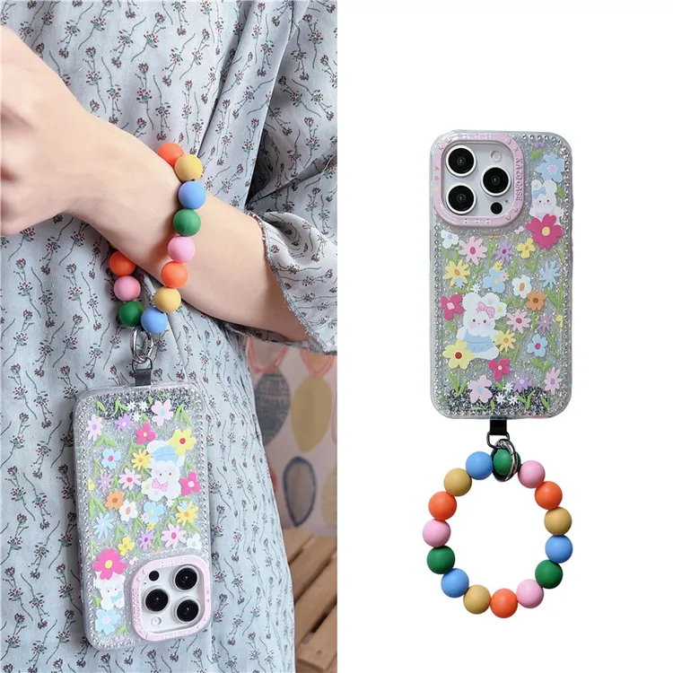 闪粉小花兔子彩色手拎圆环适用苹果16/14/13手机可爱女壳iphone15