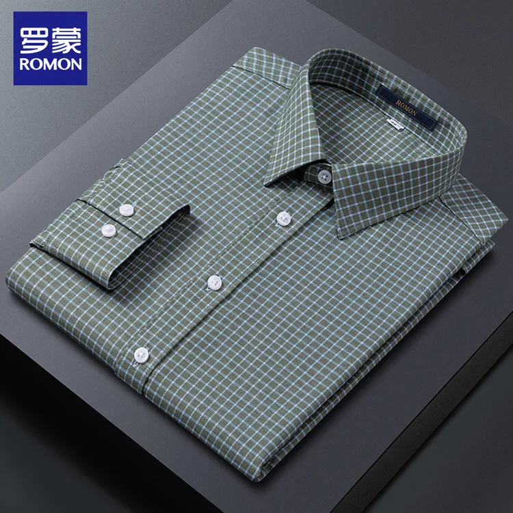 罗蒙竹纤维男士格子衬衫长袖春秋百搭休闲衬衣抗皱免烫潮流爸爸装