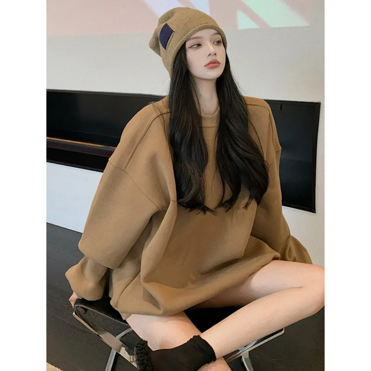 韩版无帽棕色卫衣女秋冬宽松慵懒风高级感美式休闲中长款上衣外套