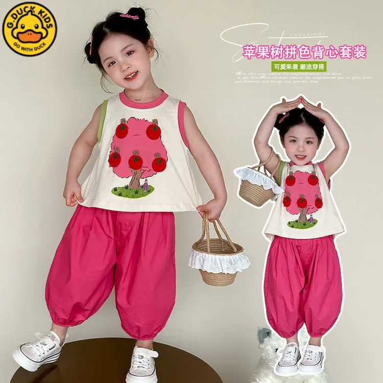 海边小黄鸭新款夏季女童苹果树印花儿童可爱休闲两件套宝宝夏装