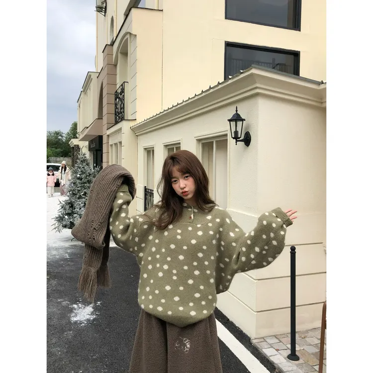 慵懒风连帽毛波点INS风套头韩版冬季保暖加厚秋冬针织衫上衣女