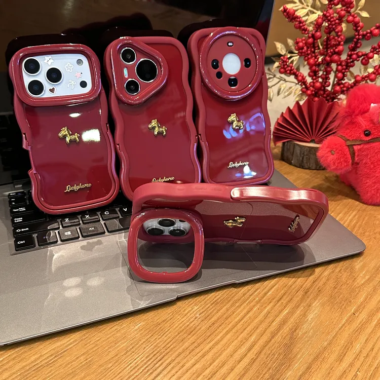 雅天立新年金色立体小马双支架适用苹果17小米手机壳vivo华为oppo