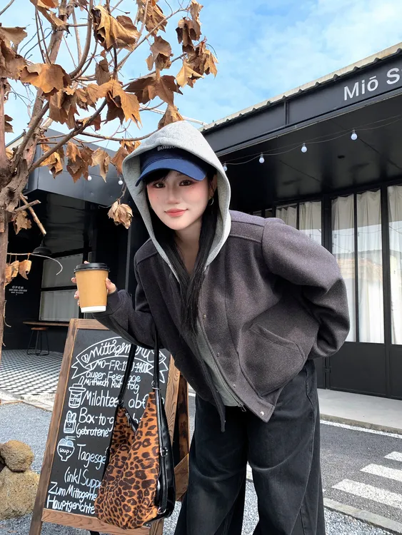 月半鱼【穿搭不费力】冬季连帽卫衣拼接短款夹克外套女宽松复古上衣